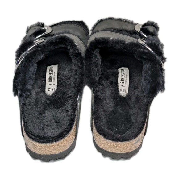 Birkenstock Arizona Teddy Shearling Platform Sandals Black Big Buckle 37 US 6 - Picture 6 of 12